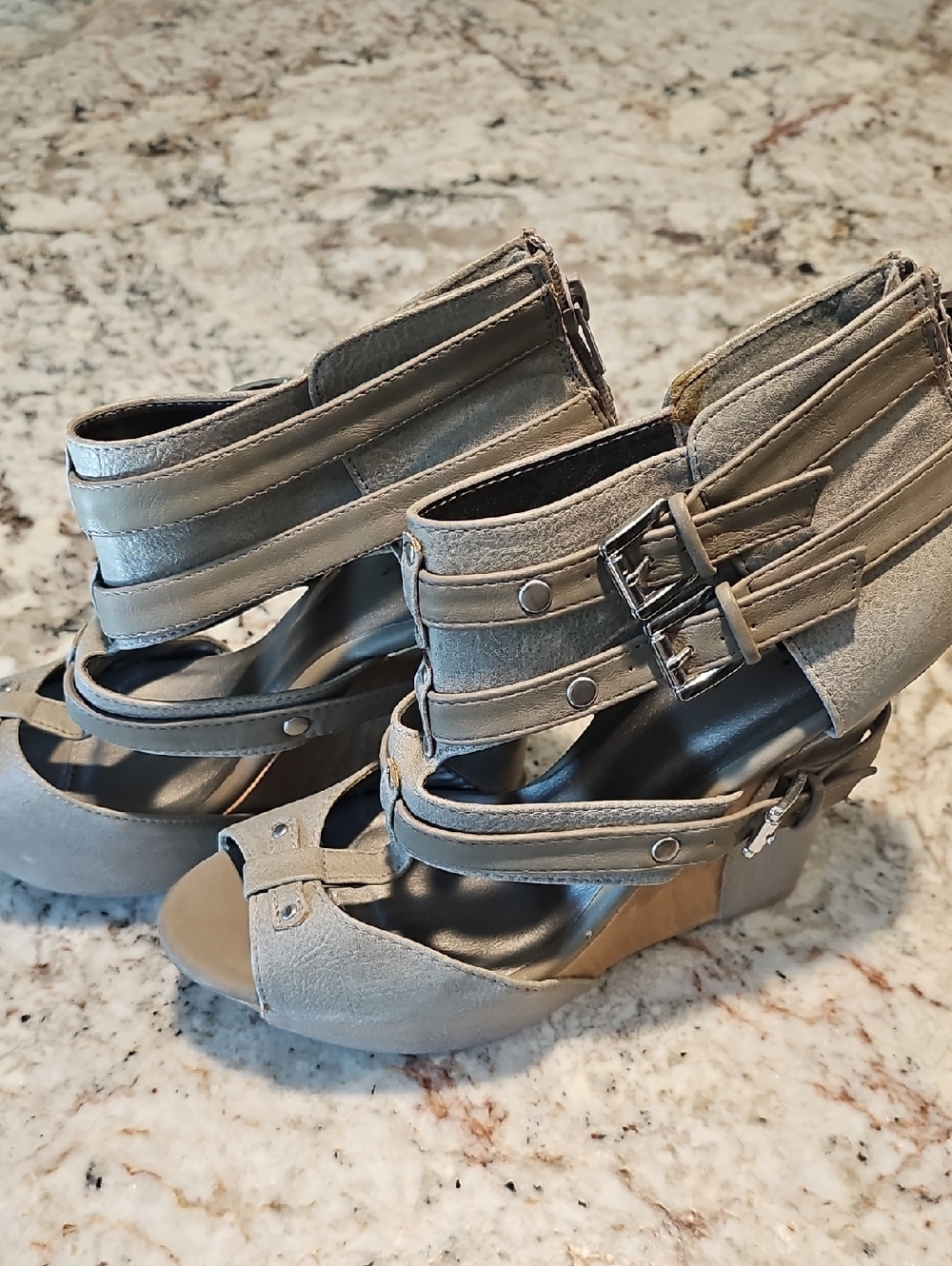 Shi by JOURNEYS Taupe Strappy Wedge Sandals with Ankle Buckles